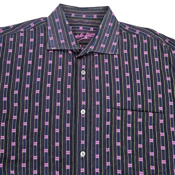 Bugatchi Uomo Shirt Mens Size Large Black Purple Casual Dress Button Down - Picture 4 of 14